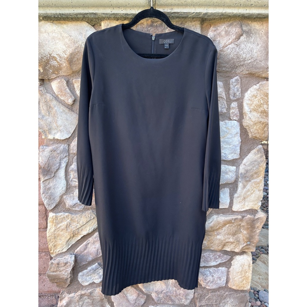 COS Black Dress Midi Pleated Hems Long Sleeve Eur Size 38 Small Shift Dress